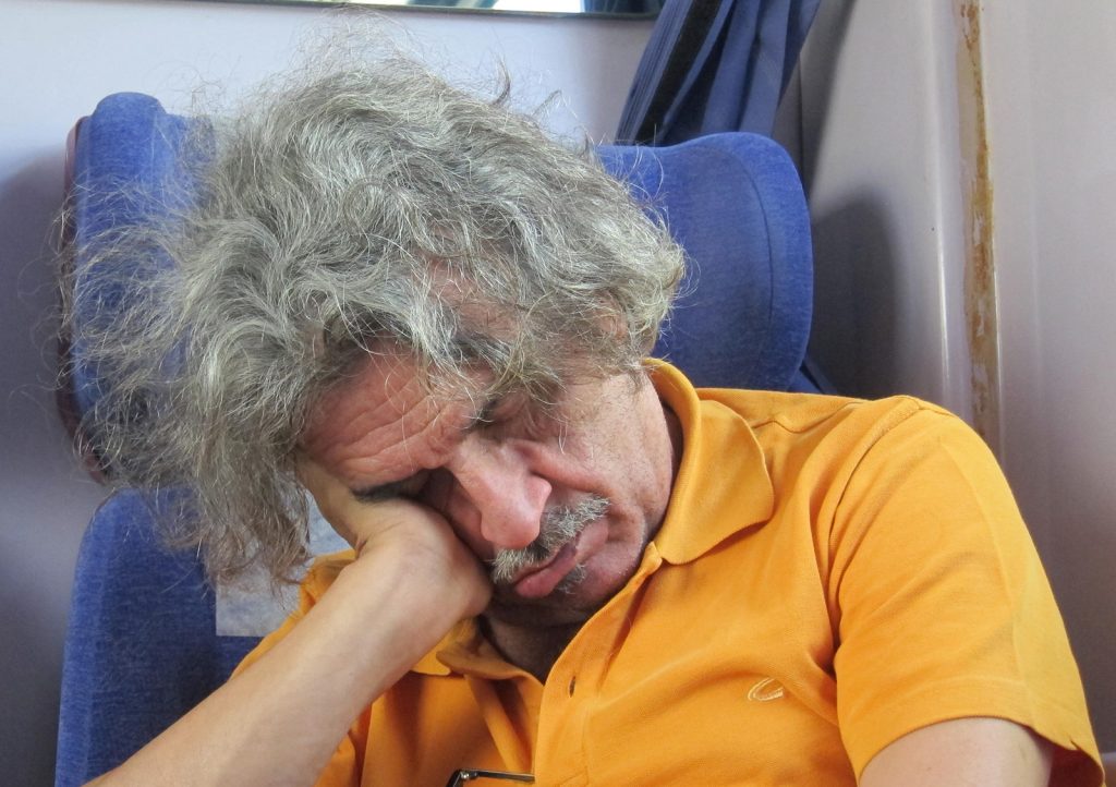 Einstein napping on the train.